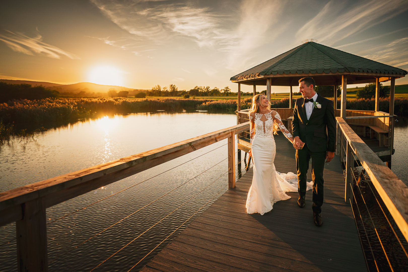 Bride and groom at quantock lakes at sunset